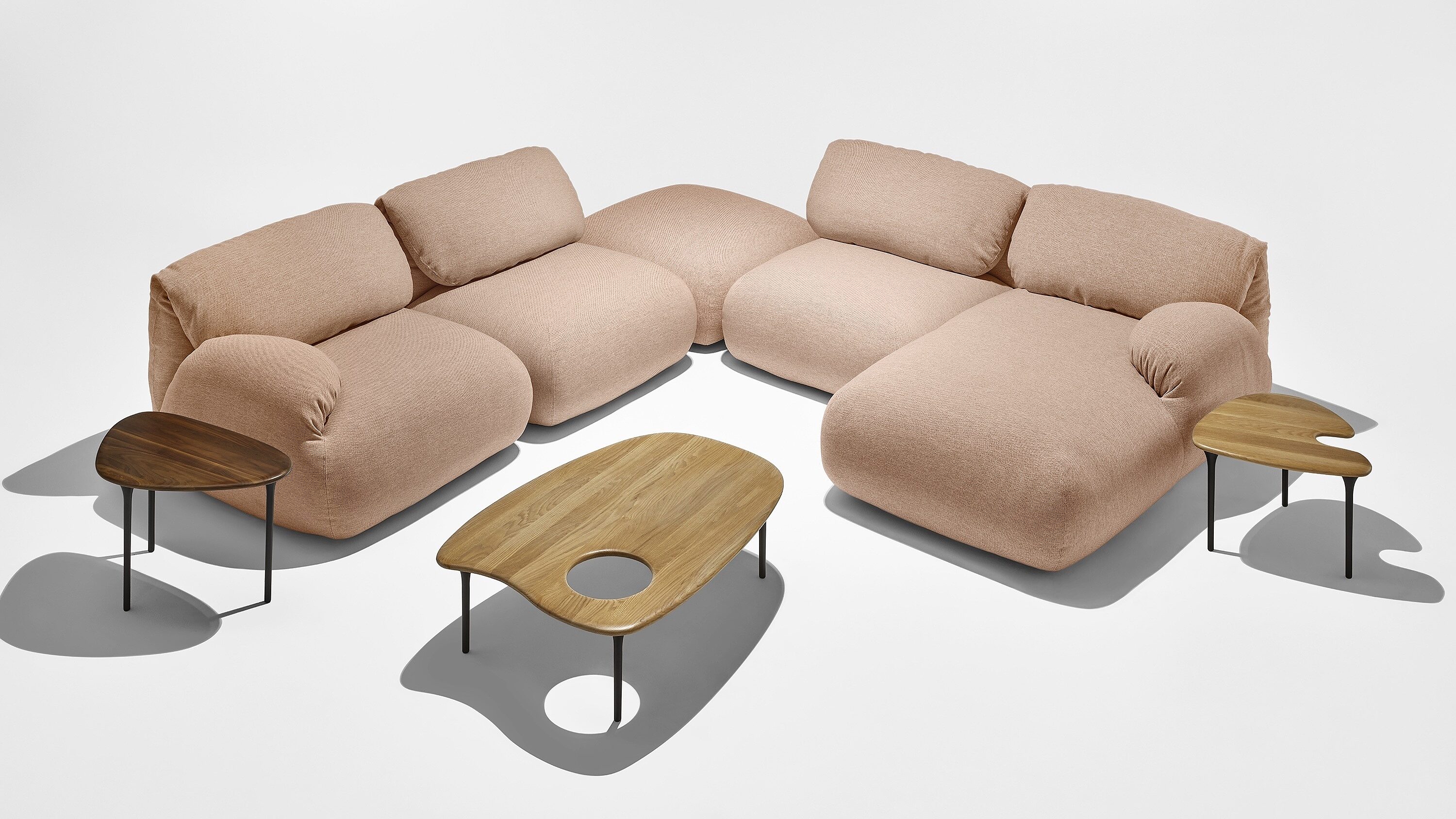 Hm lc whitesweep pink luva modular sofa with three cyclade tables