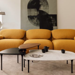Hm lc environmental yellow luva modular sofa with three cyclade tables